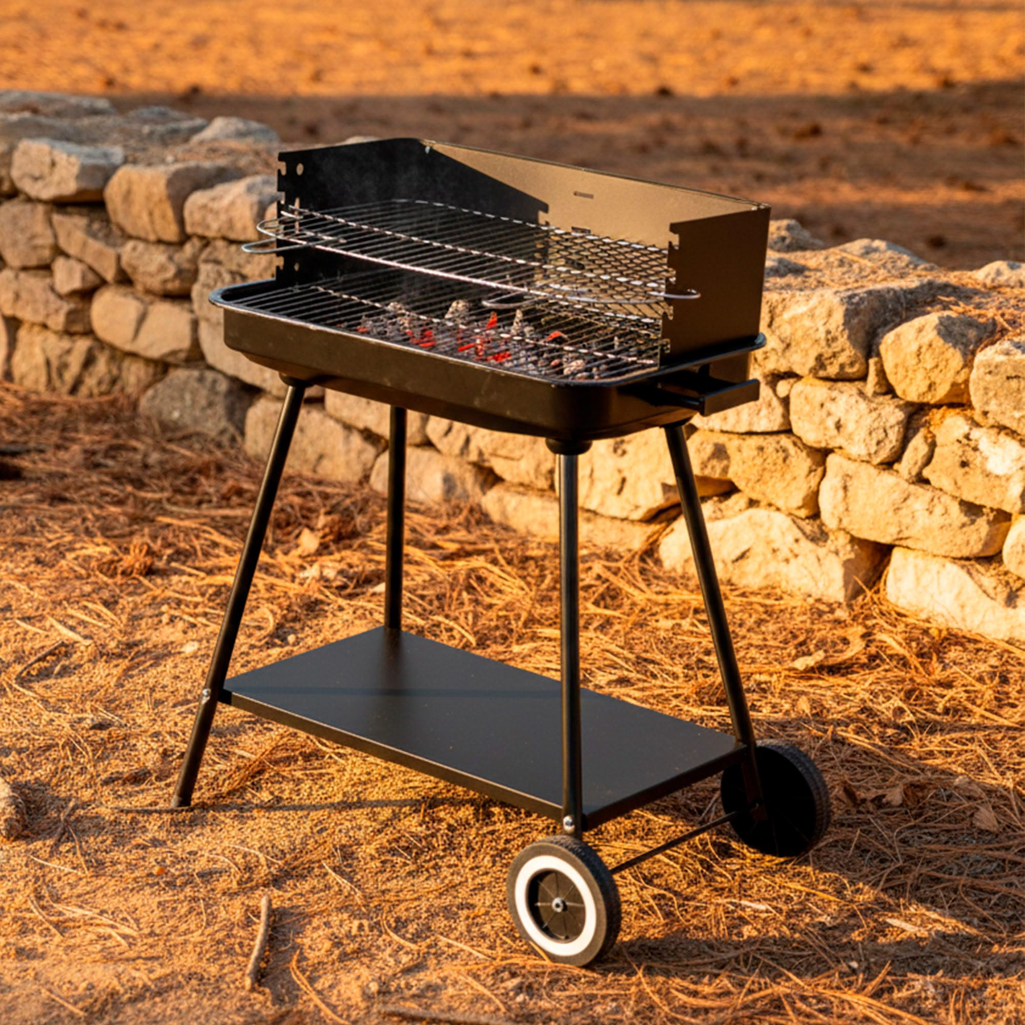 AKTIVE Przenośny grill węglowy, 55x43x82 cm, ze stali nierdzewnej i regulowana 4 wysokości grillowania, wiatroszczelne ściany boczne, taca pomocnicza, 2 koła, uchwyt do przenoszenia (63108)