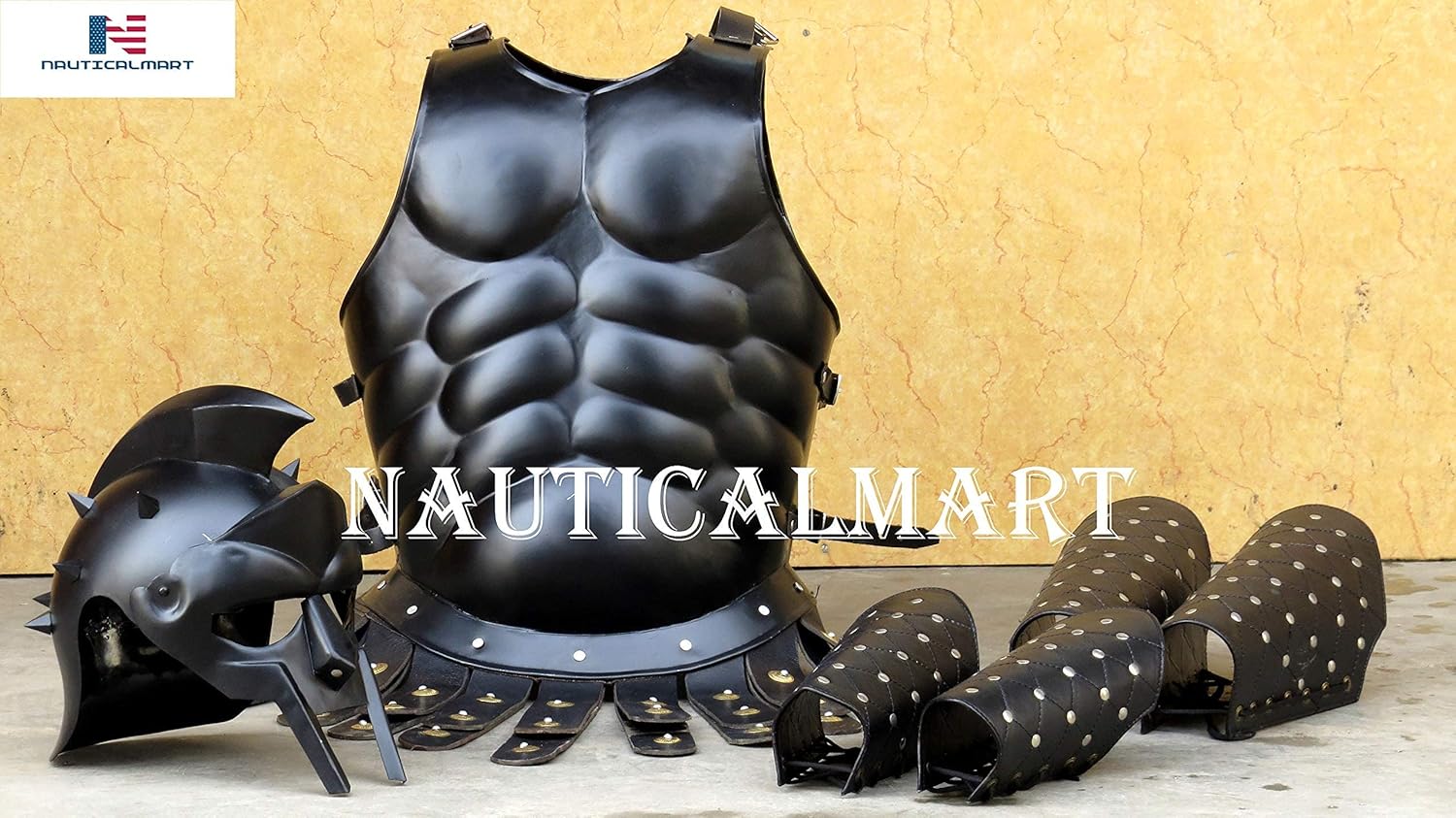 Nautical-Mart Spartan Armour Set Roman Greek Muscle Armor Cuirass with Maximus Gladiator Helmet & Leather Leg Arm Guard
