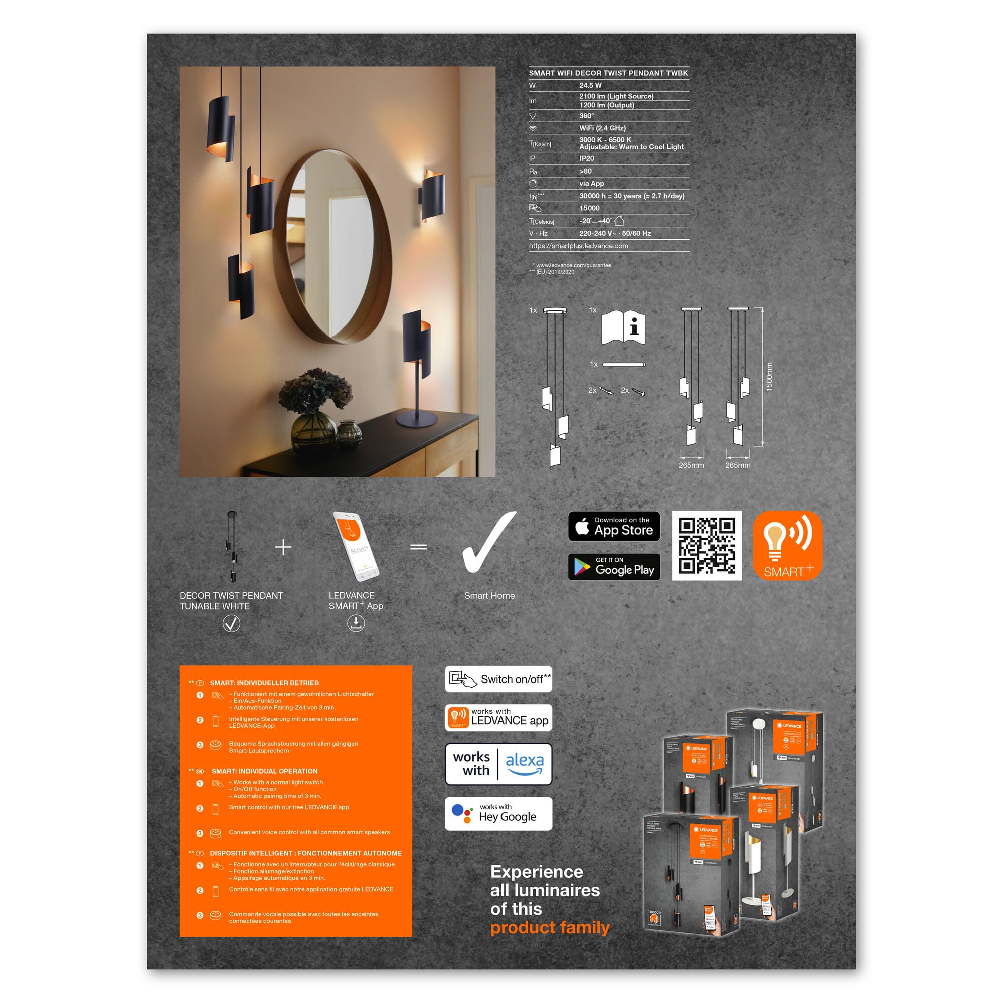 LEDVANCE SMART+ DECOR Twist lampada a sospensione WiFi, nera, 24,5W, 2100lm, luce bianca regolabile 3000-6500K, DIM, luce verso l'alto e il basso, controllo da app, compatibile con Amazon, Google