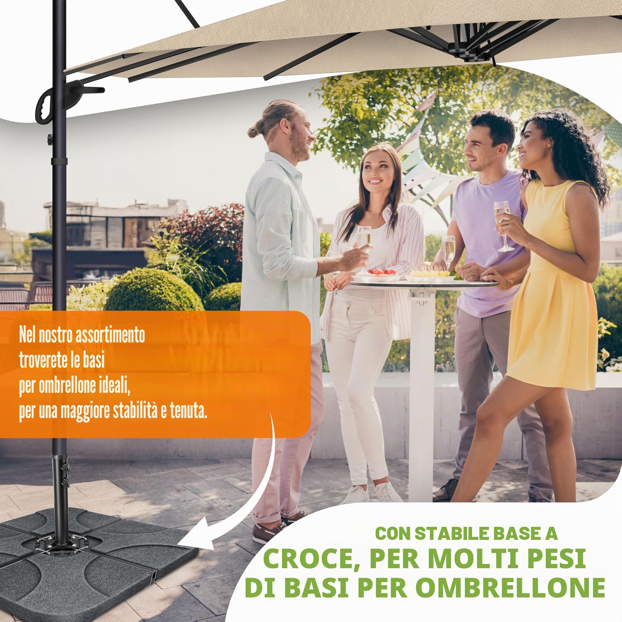 KESSER Ombrellone doppio, 4,6 m x 2,7 m, copertura per ombrellone e protezione antivento con manovella e supporto, in alluminio impermeabile, inclinabile, girevole a 360°, beige., Ohne LED