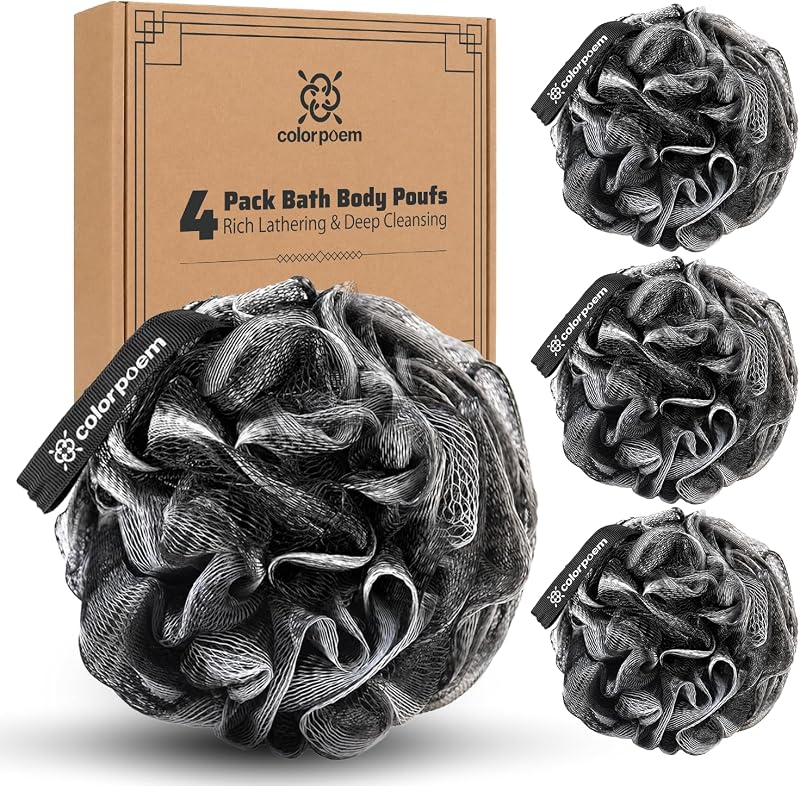 Esponja de banho de tela PE preta COLORPOEM, 120 g, com alça para pendurar, pacote com 4