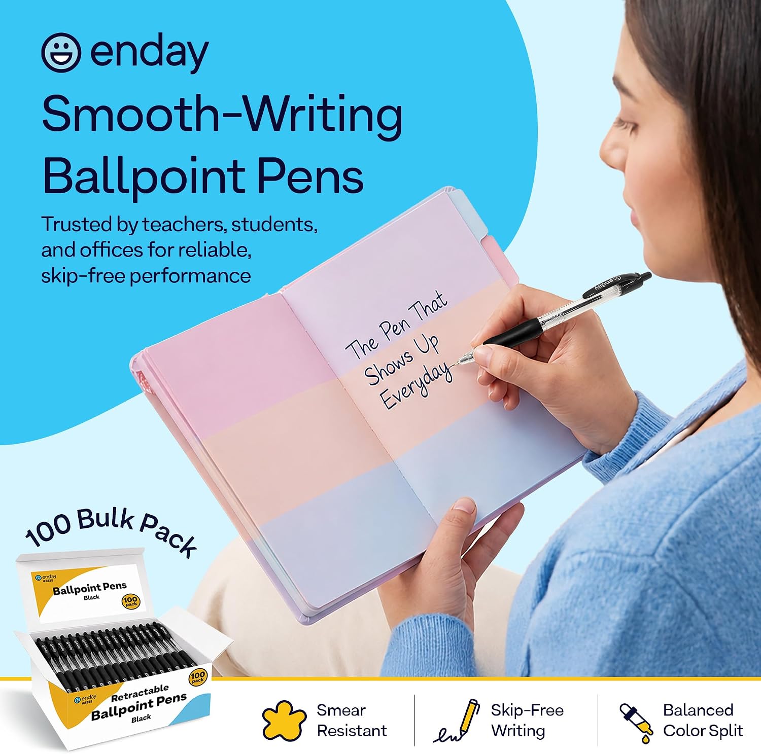 Enday Bulk Pens Ballpoint (100 Pack) Black – Retractable Ballpoint Medium Point 1.0mm, Smooth Writing No-Smear, Soft Grip Click, Office School Supplies, Retractable Pens Bulk image 3