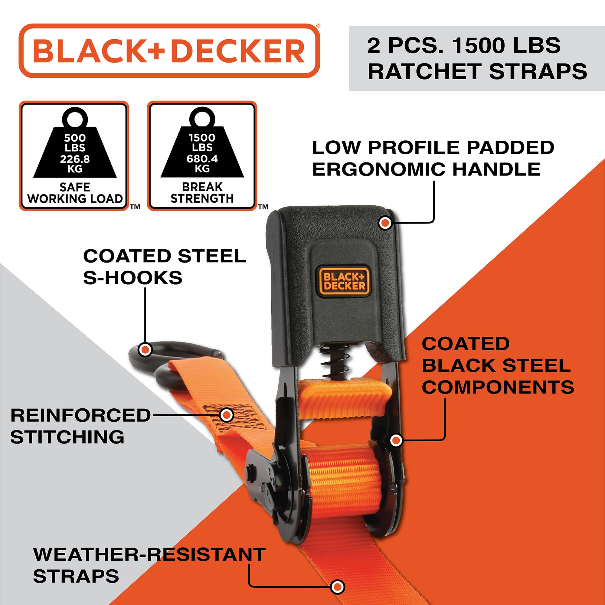 Black+Decker Kit de 8 Sangles à cliquet et Boucle Souple