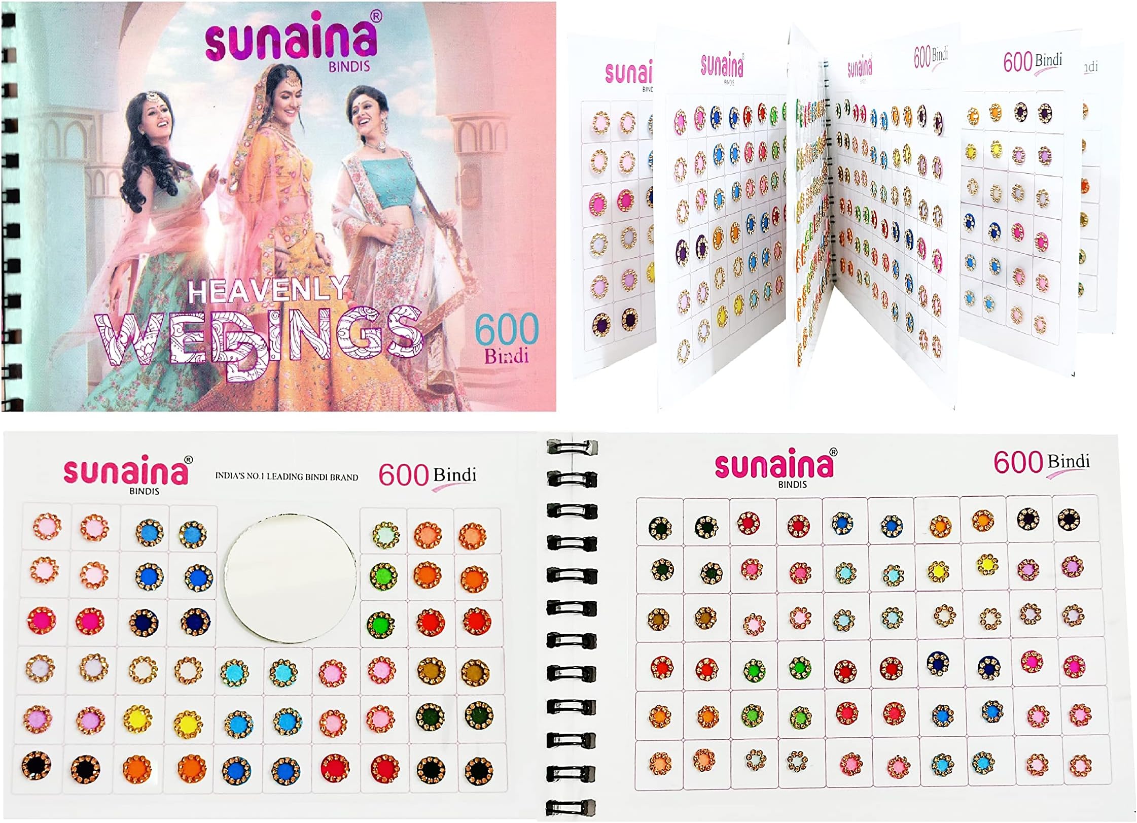 Sunaina (Original) Spiral Pastel Color Round Golden Stone Border Elegant Bindi Book For Women & Girl (Pack of 600 bindi)