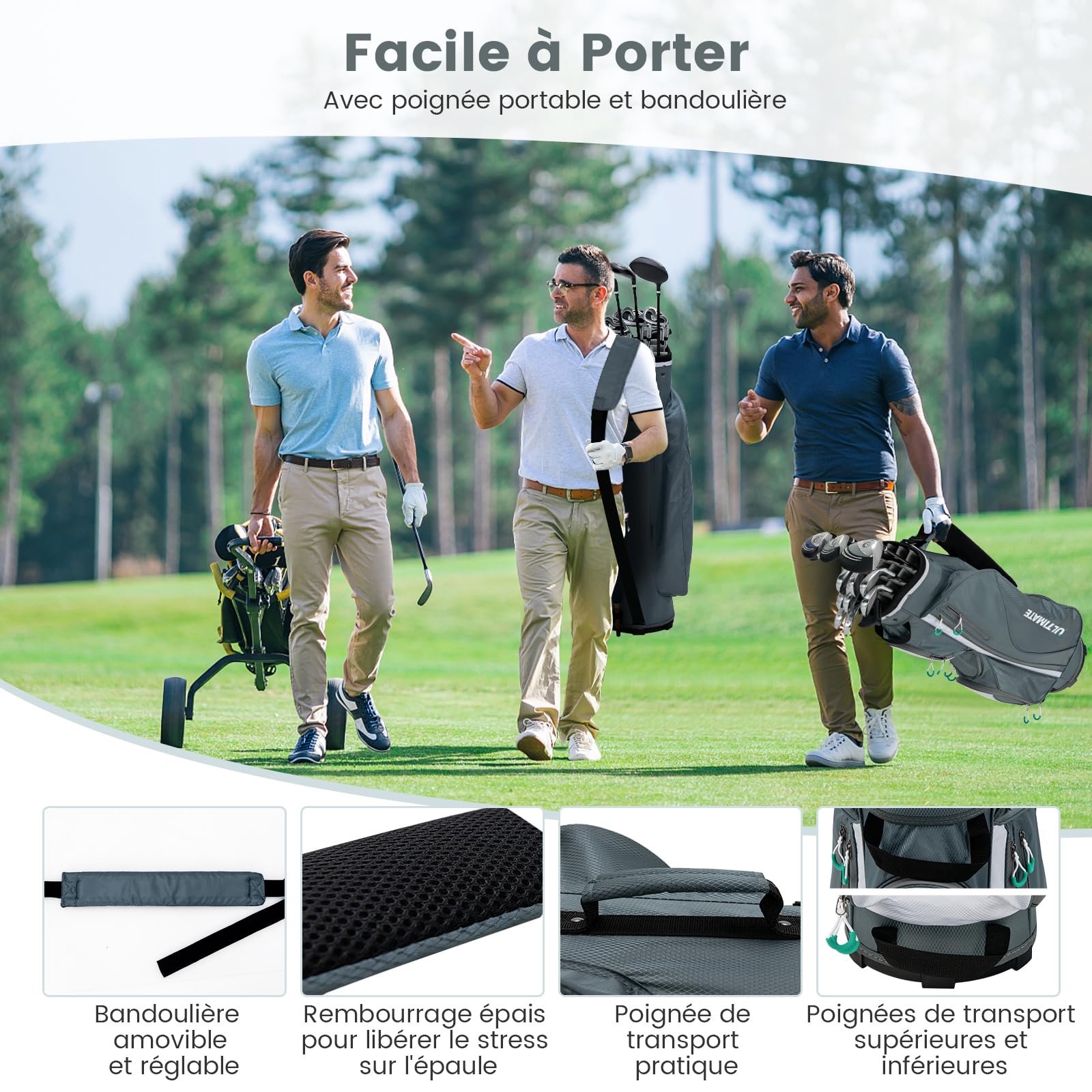 GOPLUS Sac de Golf trépied, Sac de Chariot de Golf léger avec 14 Compartiments séparés au Dessus, 7 Poches zippées, Poche pour Objets de Valeur, Sac Isotherme pour Boissons, bandoulière
