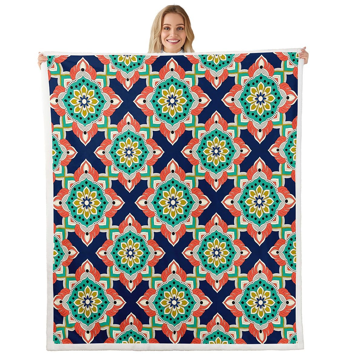 Homewish turkusowy boho kwiatowy puszysty pluszowy narzuta vintage mandala kwiaty polarowy koc hipisowskie kwiaty geometryczny patchwork szerpa koc - bohema plemienna etniczna estetyczna dekoracja