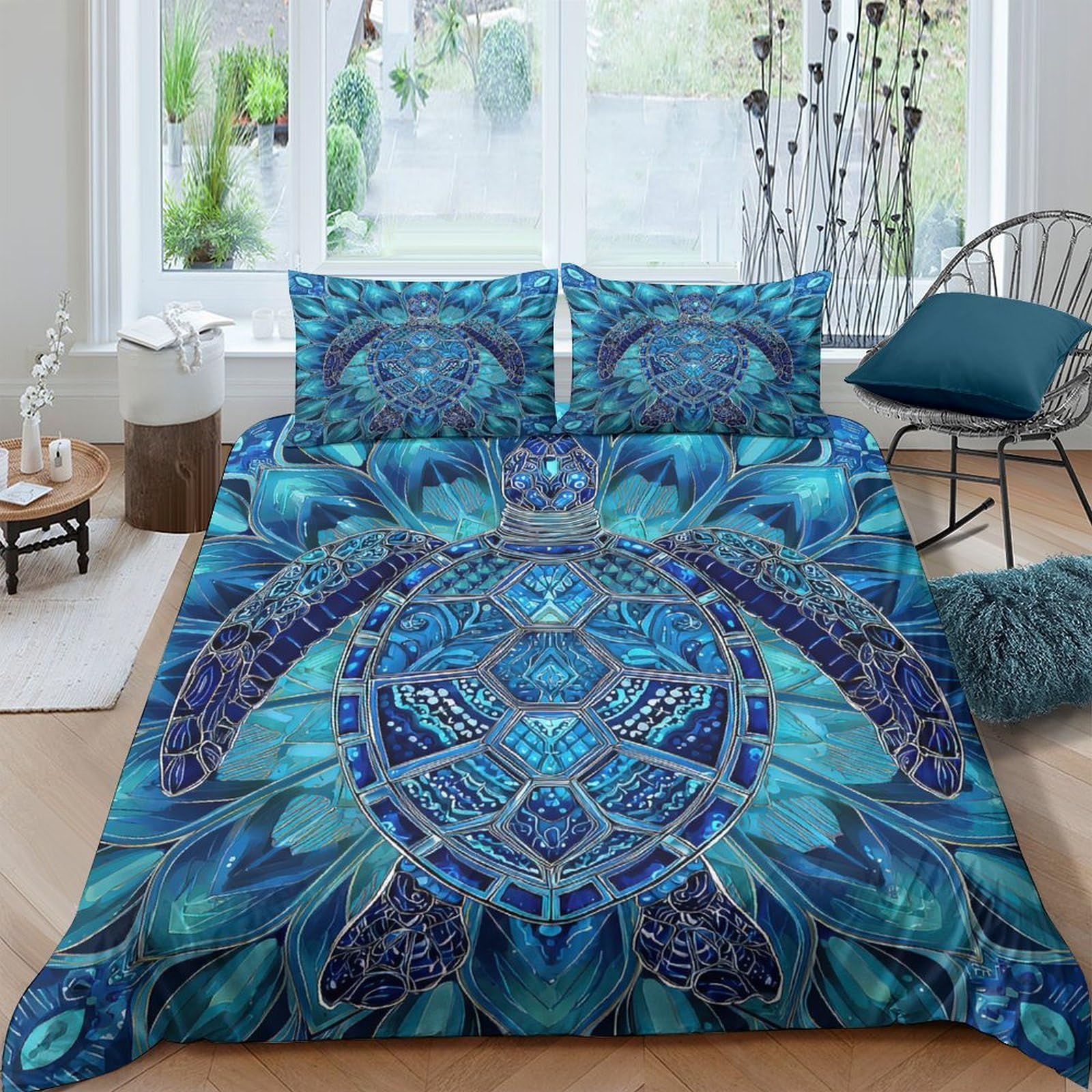 Ctjqhvkz Style-8 3D Printed Blue Turtle Fitted Sheet Microfiber Soft Non-Slip Ocean Mandala Mattress Cover For Bedroom Guest Room Decor Single（135X200cm）