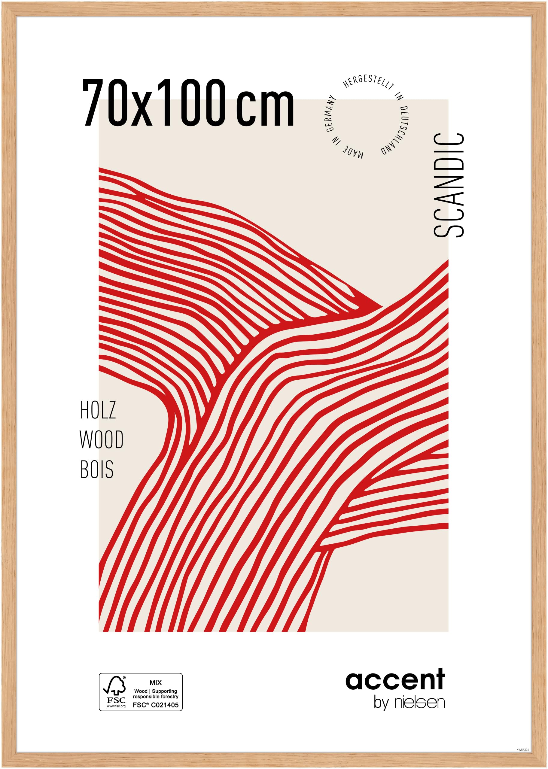 accent by nielsen Holz Bilderrahmen Scandic, 70 x 100 cm, Hellbraun | Holz Posterrahmen im Hoch- & Querformat zum Aufhängen Hellbraun matt Echtglas