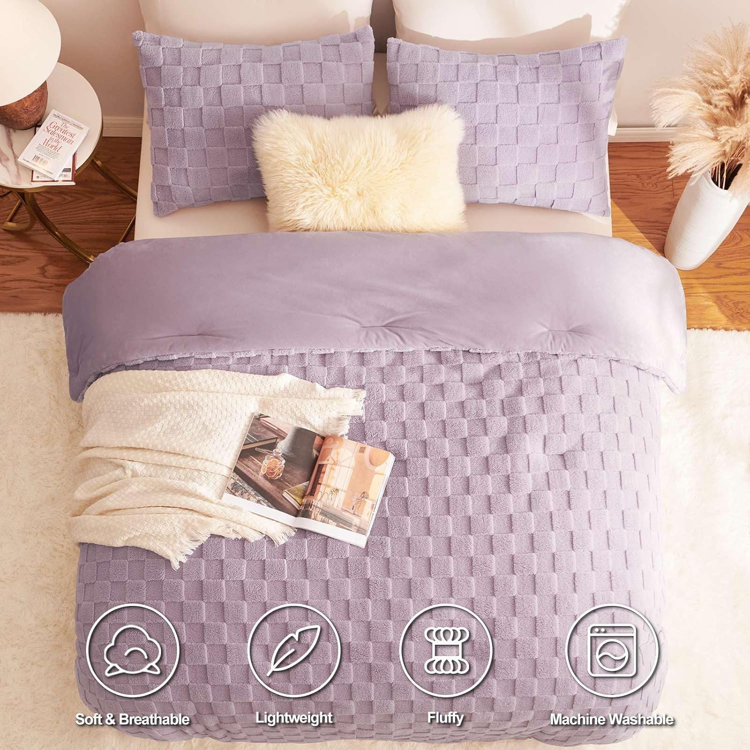 CozyLux Fleece King Comforter Set Light Purple,Super Soft & Warm Fluffy Bedding with Checkered Pattern,Luxury Fuzzy Heavy Bed Set for Winter,3 Pieces,1 Comforter and 2 Pillowcases - Image 2