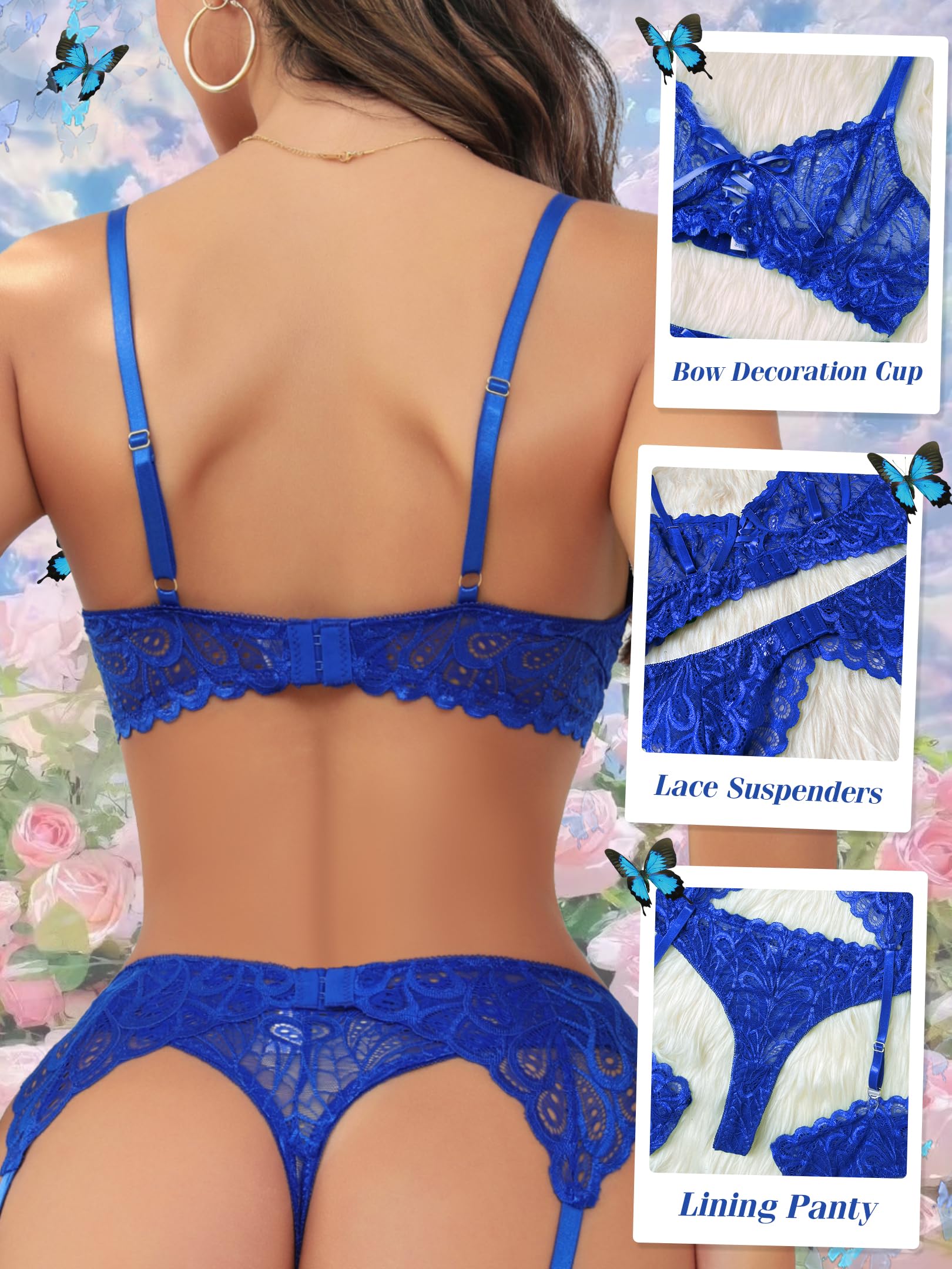 Sexy Lingerie for Women,3 Piece Lace Lingerie Set Bra and Panty Sets with Garter Belt Babydoll Teddy: X-Large Wireless-blue
