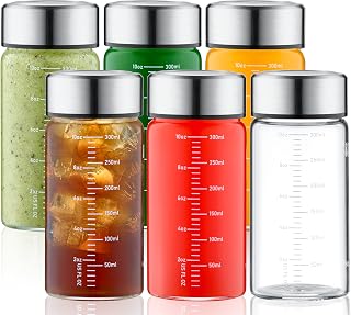 Danmu Glass Juice Bottles with Lids 10oz,Juicing Bottles Reusable 100% Leakproof for Juicing,Water,Kombucha,Milkshake,Coffee,Borosilicate Glass,6 Pack,Dishwasher Safe,Microwave Safe