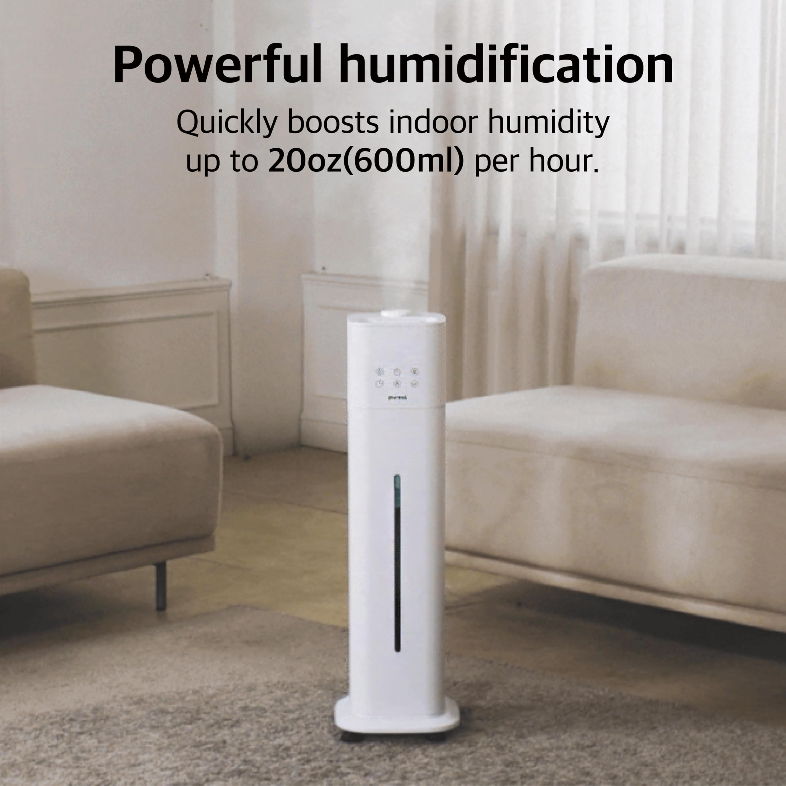 Pureal Humidificador de torre, 2.6 galones (10 L) sobre ruedas, niebla cálida y fría de 3 etapas, dura 83 horas, habitación grande con luz ambiental, ajuste de humedad, temporizador de 12 horas