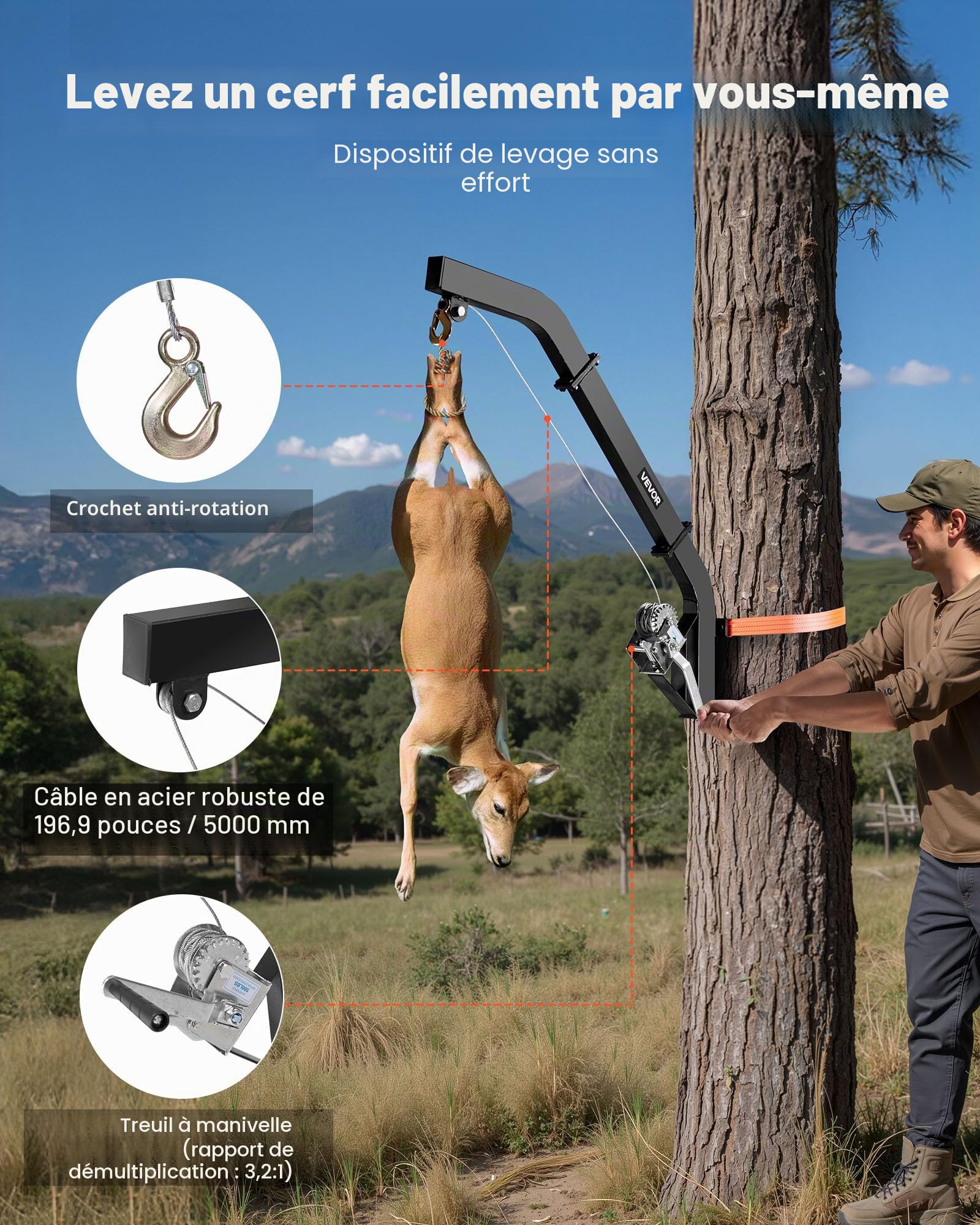 VEVOR Palan à Cerfs Monté sur Arbre, Charge 160 kg, avec Treuil à Manivelle, Sangle à Cliquet Réglable, Cintre Robuste, pour Levage, Nettoyage, Dépeçage de Gibier de Chasse, Alimentation Ferme, Noir