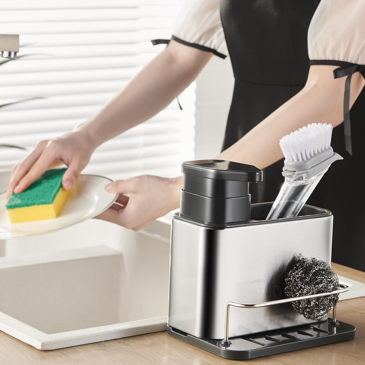 Kitchen Utensil Holder Extra Large 360°Rotating For Counter Organizer Stainless Steel Cooking 3-in-1 Sponge Holder for Kitchen Sink Organizer Sink Caddy