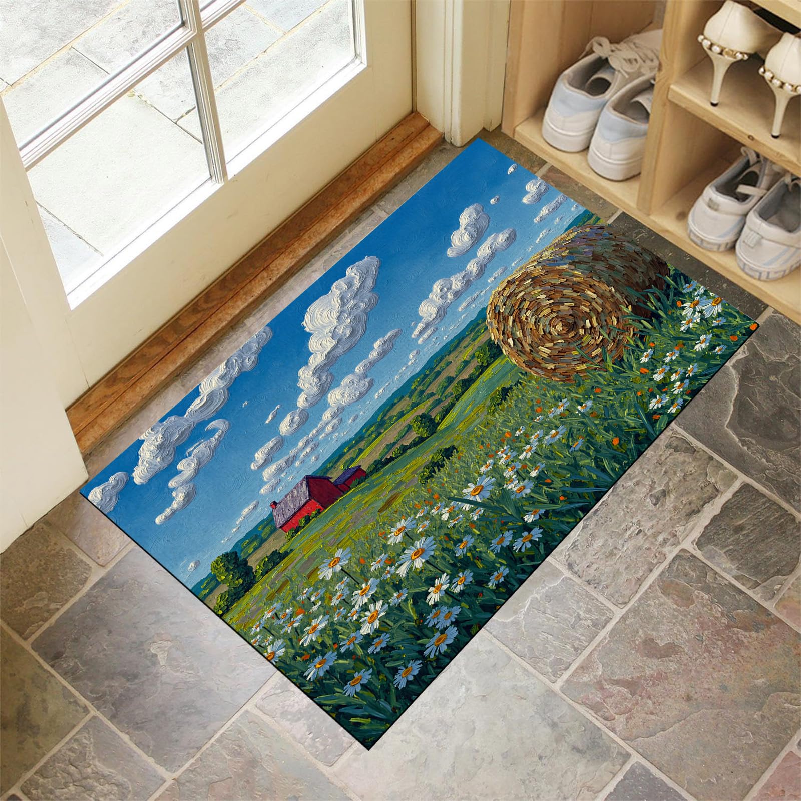 Paillasson d'intérieur antidérapant 90x150 cm lavable motif grange et marguerites vert