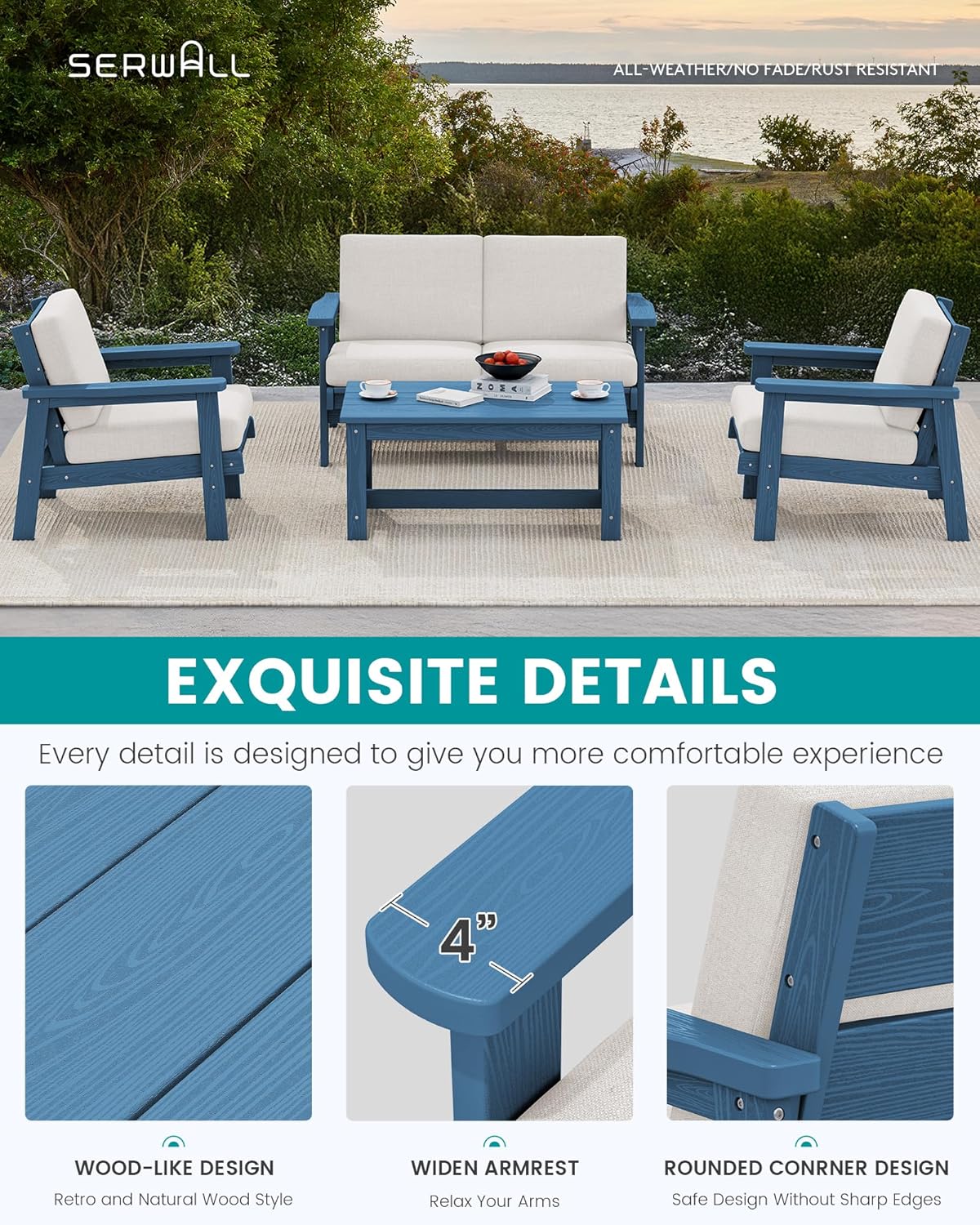 SERWALL 4 Piece HDPE Outdoor Furniture Set, All Weather Wood-Like Outdoor Sofa Sectional Couch, Bllue Patio Furniture Set with Khaki Cushions