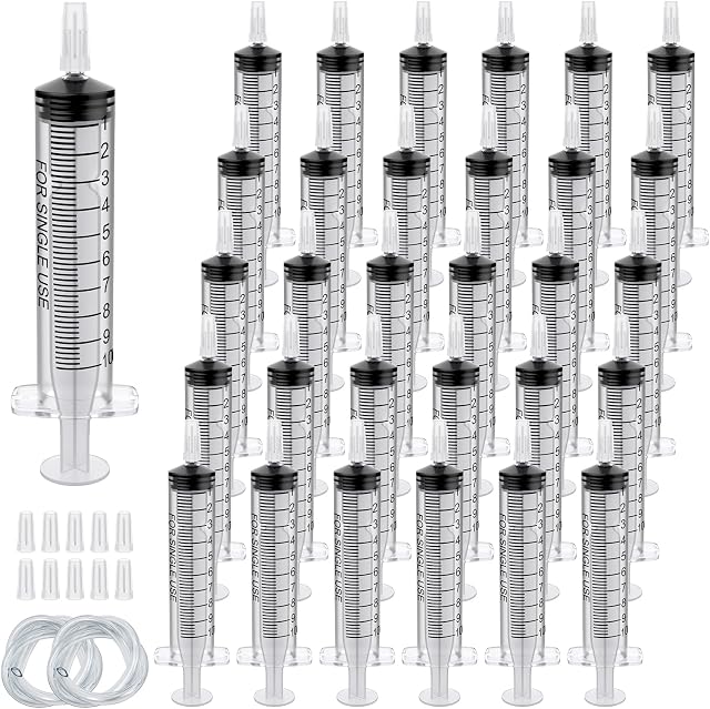 30 Pack 10ml Plastic Syringe, Syringe Tools Individually Wrapped with Sealing Cap&Soft Tube for Scientific Labs Measuring Watering Feeding Pets Oil or Glue Applicator (10ml)