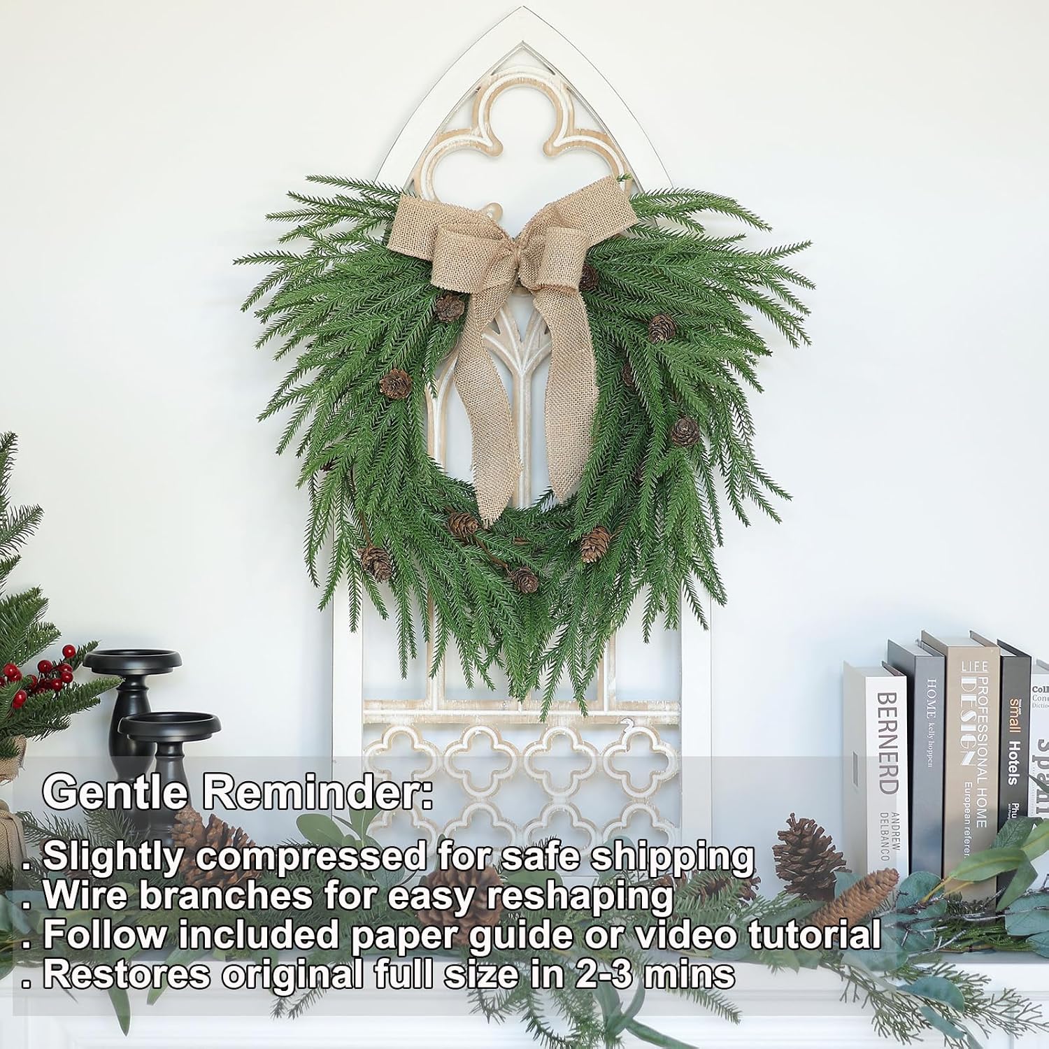 Plain Christmas Norfolk Pine Wreaths for Front Door 20 Inches, Real Touch Heart Xmas Winter Wreath with Burlap Bow for DIY Window Outdoor Outside, Holiday Farmhouse Wreath for Indoor Decor