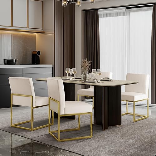 Miniatura 5 de SIMTONAL Juego de 2 sillas de comedor modernas, de terciopelo, tapizadas, de mediados de siglo, sin brazos, con base dorada, color beige y blanco, 2