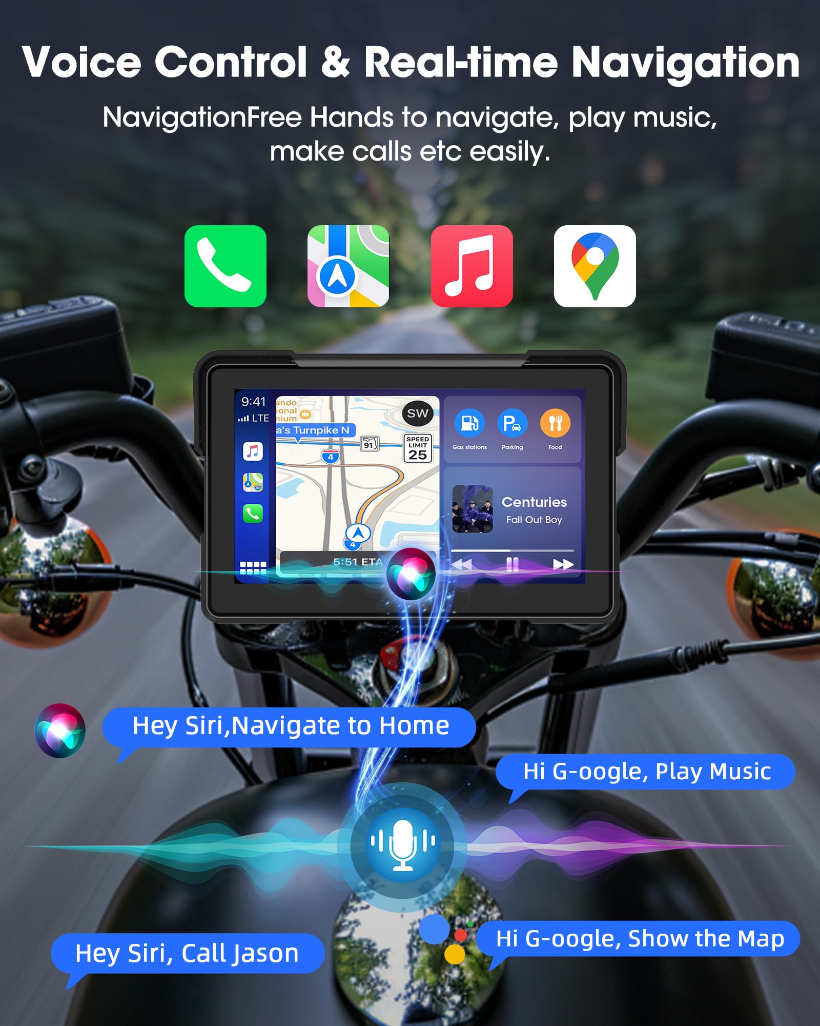 7" Motorrad Carplay Android Auto Dual Bluetooth Navigationsgeräte | Motorrad Display für Motorräder mit Siri, G-oogle Assistent, IP67 Wasserdicht für Pendelnde Fahrt