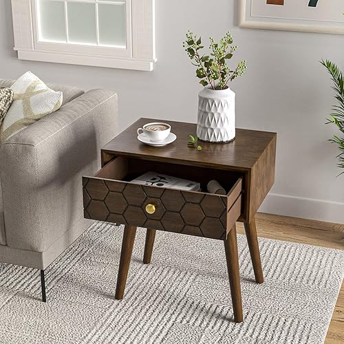 Miniatura 32 de COSIEST Mesita de noche, mesa auxiliar rústica con 3 cajones, mesita de noche de madera vintage con patas sólidas, mesa auxiliar moderna para Patrón