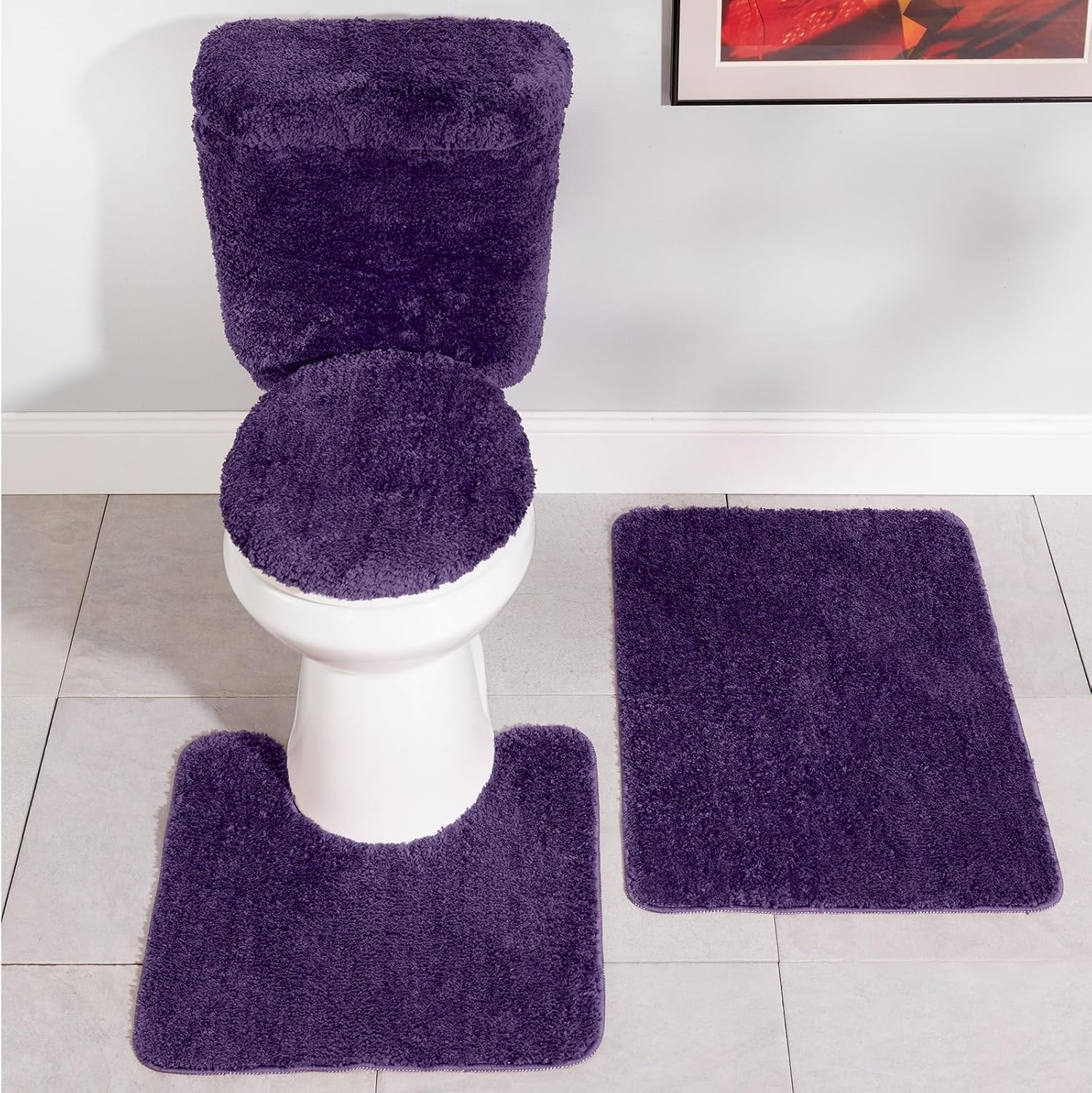 Stoneberry Home Plush 5-Piece Bath Rug Set, Soft, Non-Slip Bathroom Rugs, Absorbent and Quick-Drying Bath Mat, Lid Cover, & Tank Covers, Plum