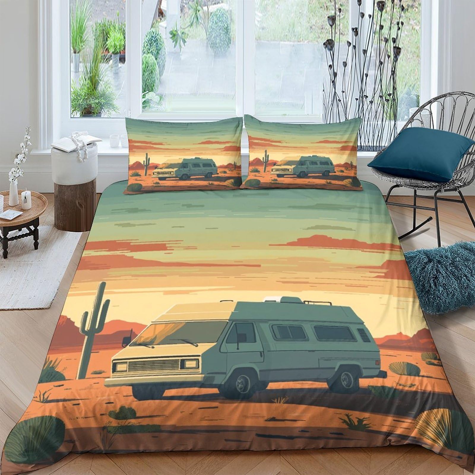 GPLZQXKJNH 3D Printed Sunset Desert Camper Duvet Cover Microfiber Soft Breathable Cactus Landscape Bedding Set with 2 Pillowcases for Bedroom Decor Single（135x200cm）
