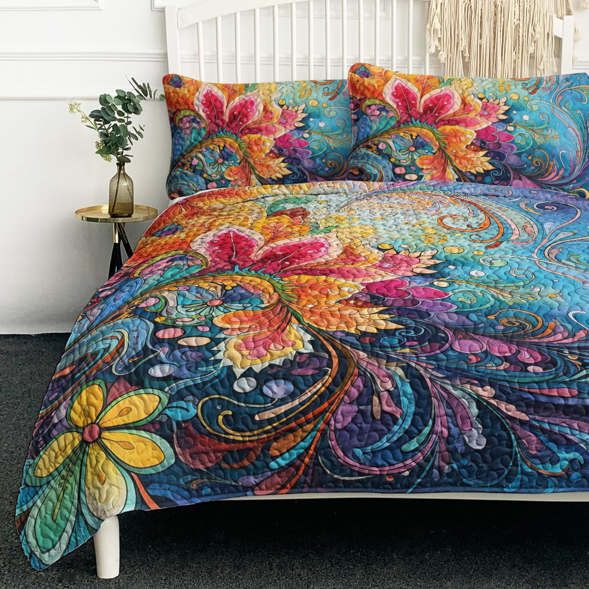 BlessLiving 3D Colorful Flower Leaves Pattern Quilt Set 3 Pieces King Size Soft Warm Painting Art Design Bedspreads Quilt Bed Set with 2 Pillowcases for Girls Teens Bedroom Decor for All Seasons