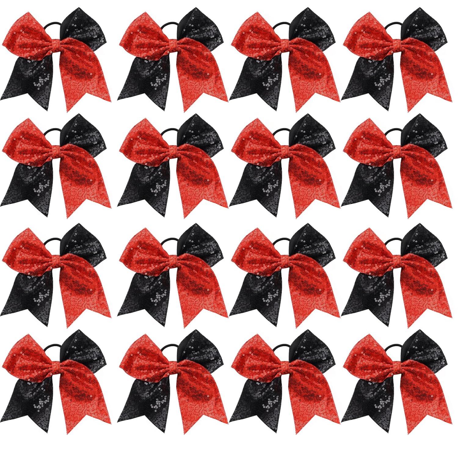 16 PCS Large Glitter Red Black Cheer Hair Bows, Shiny Cheerleading Bows Ponytail Holder for Cheerleader Girls Softball Sports and Christmas Tree Decor (Red Black)