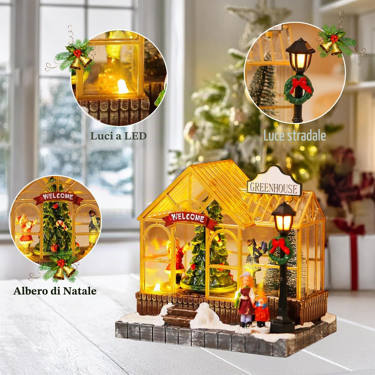 Tissting Incantevole Casa di Illuminazione Natalizia, Ornamenti Villaggio in Resina, Set di Accessorio per Natale, Luminoso Ornamenti per Vacanze Decorazioni Desktop, Kit Casa Decorazione Natalizia