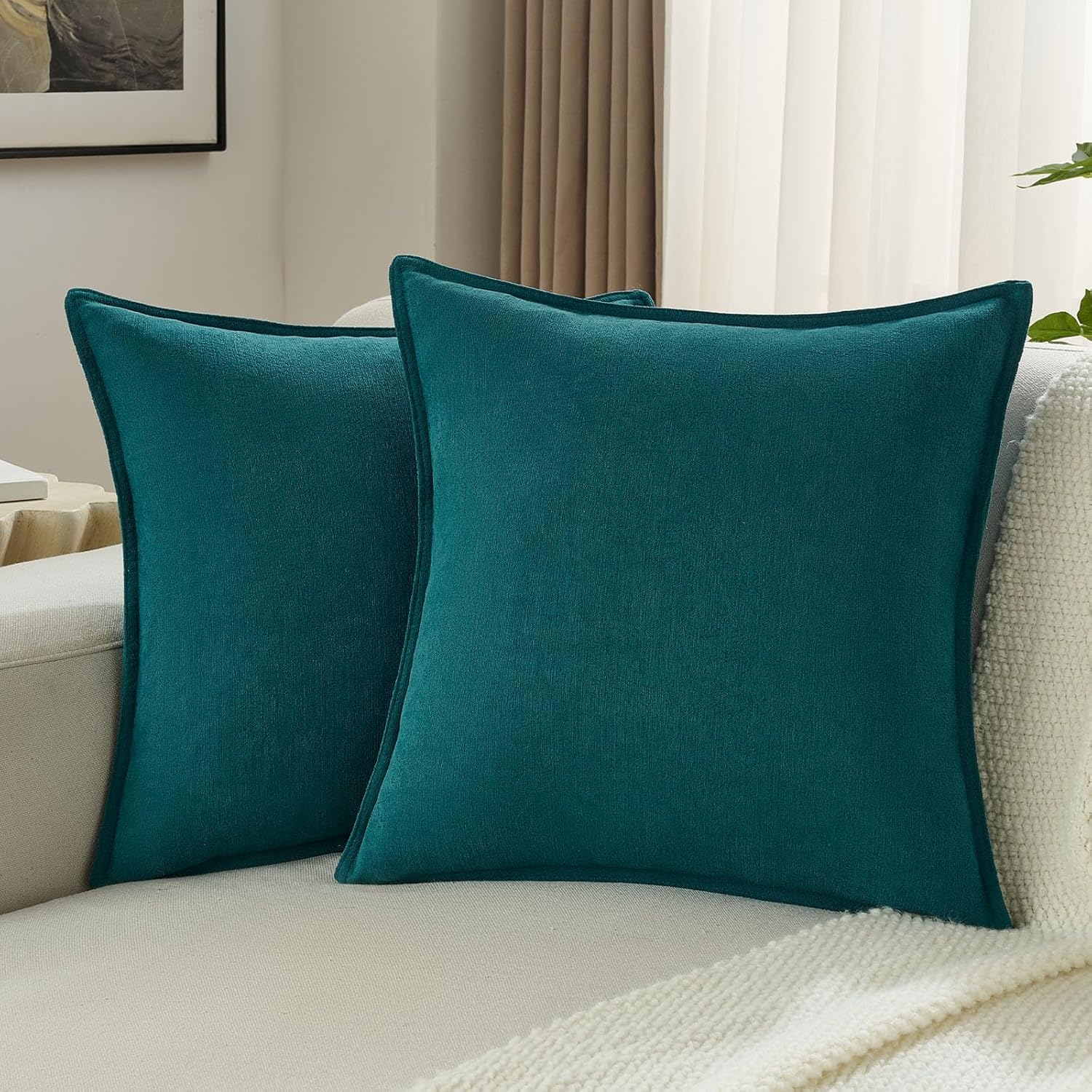 FUTEI Teal Chenille Throw Pillow Covers 18x18 Inch Set of 2,Edges Double-Stitched Cushion Cases,Modern Home Decor for Couch Living Room