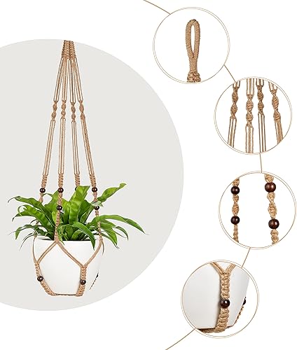 Miniatura 4 de Mkono Colgador de macramé de 43 pulgadas para macetas de hasta 12 pulgadas, soporte para plantas colgantes extra largo, sin borlas, cesta colgante