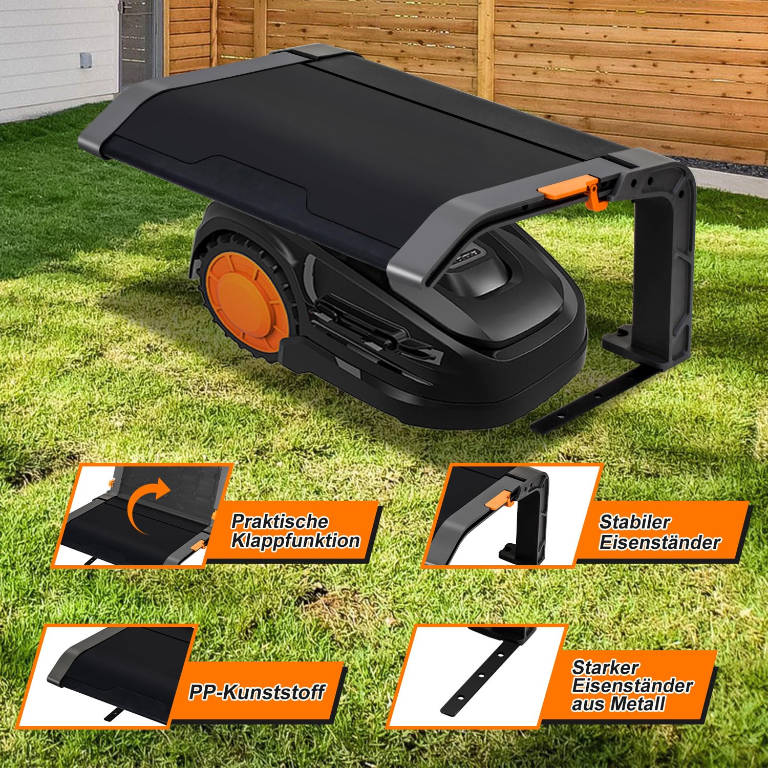 Garaje para robot cortacésped, plegable, garaje para robot cortacésped, 72 x 56 x 36 cm, fácil montaje, con patas de metal, protección contra rayos UV, lluvia y granizo