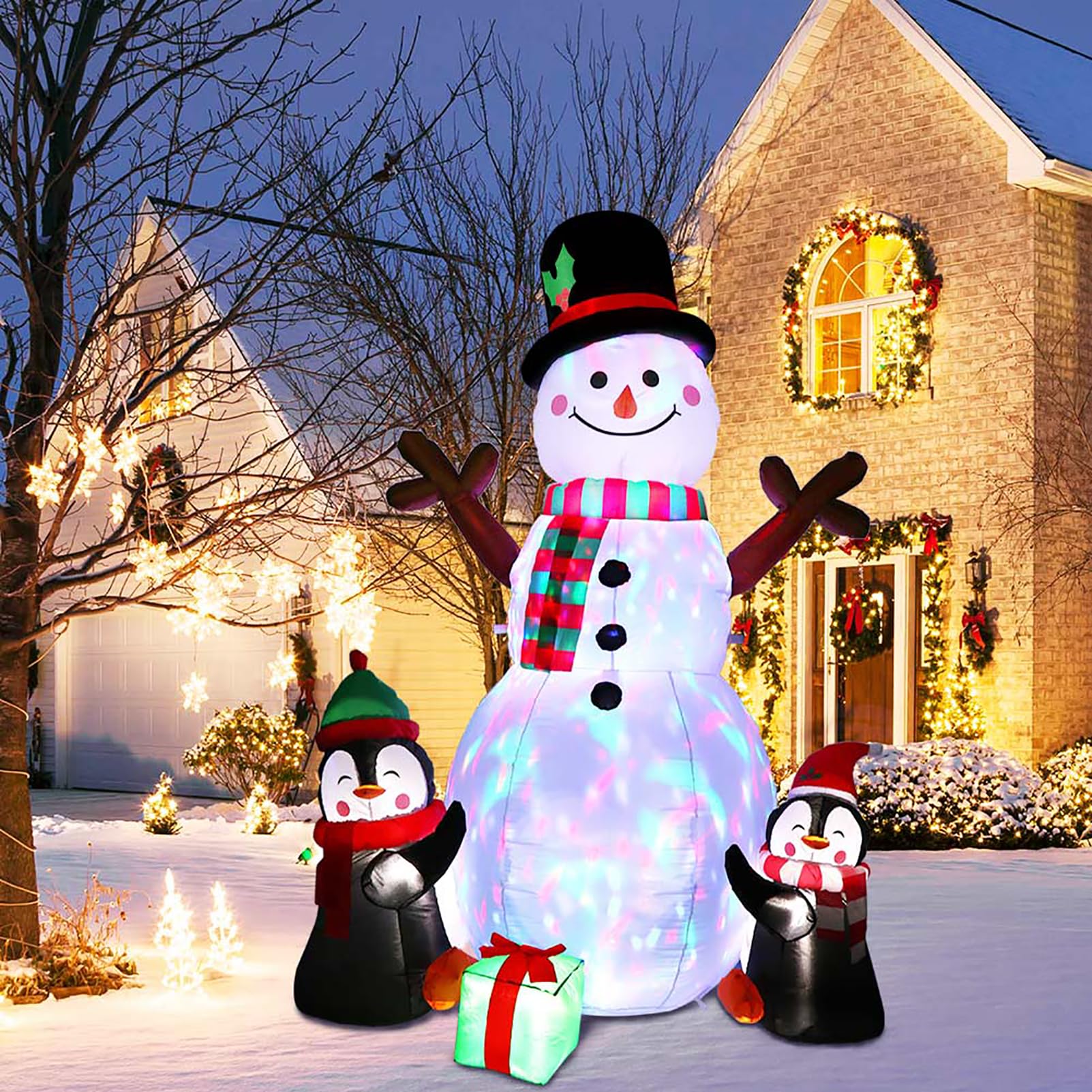 Decoraciones Inflables Navideñas De Pingüino Muñeco De Nieve De 6 Pies con Luces LED Giratorias, Adornos Inflables Modelo Navideños, para Decoración Navideña En Interiores Y Exteriores