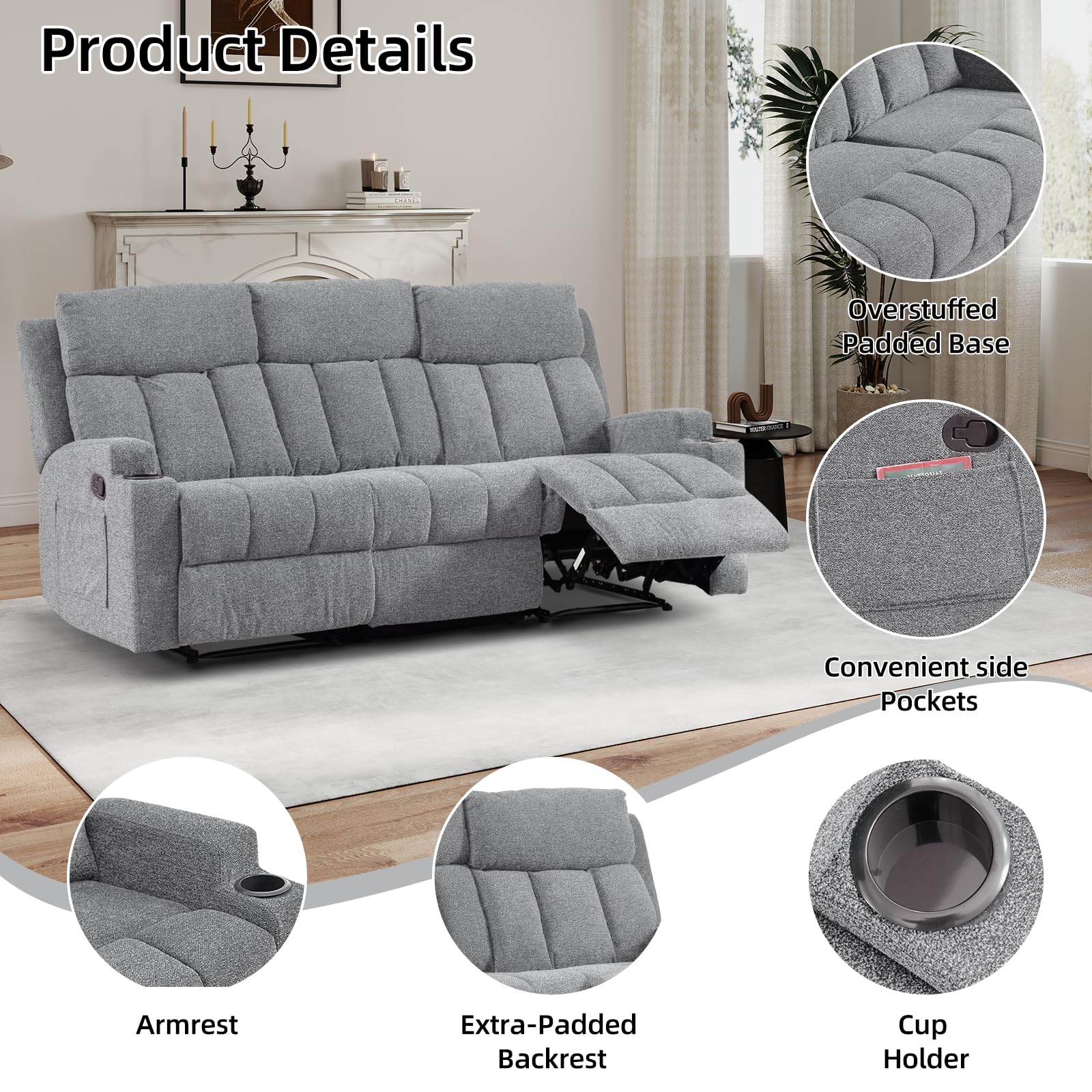 CANMOV Manual Recliner Sofa Set, Fabric Reclining Sofa Chair with Side Pockets and Cup Holders, Living Room Set Includes 3 Seate&Loveseat for Bedroom, Meeting Room, Home Theater, Light Grey view 3