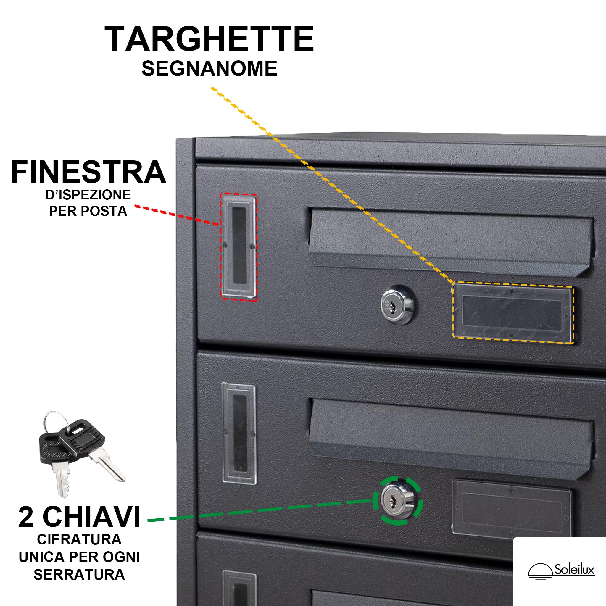 Cassetta postale condominiale da muro buca lettere componibile "Made in Italy" con serratura e 2 chiavi, segnanome e finestra visione posta (2 ANTE)