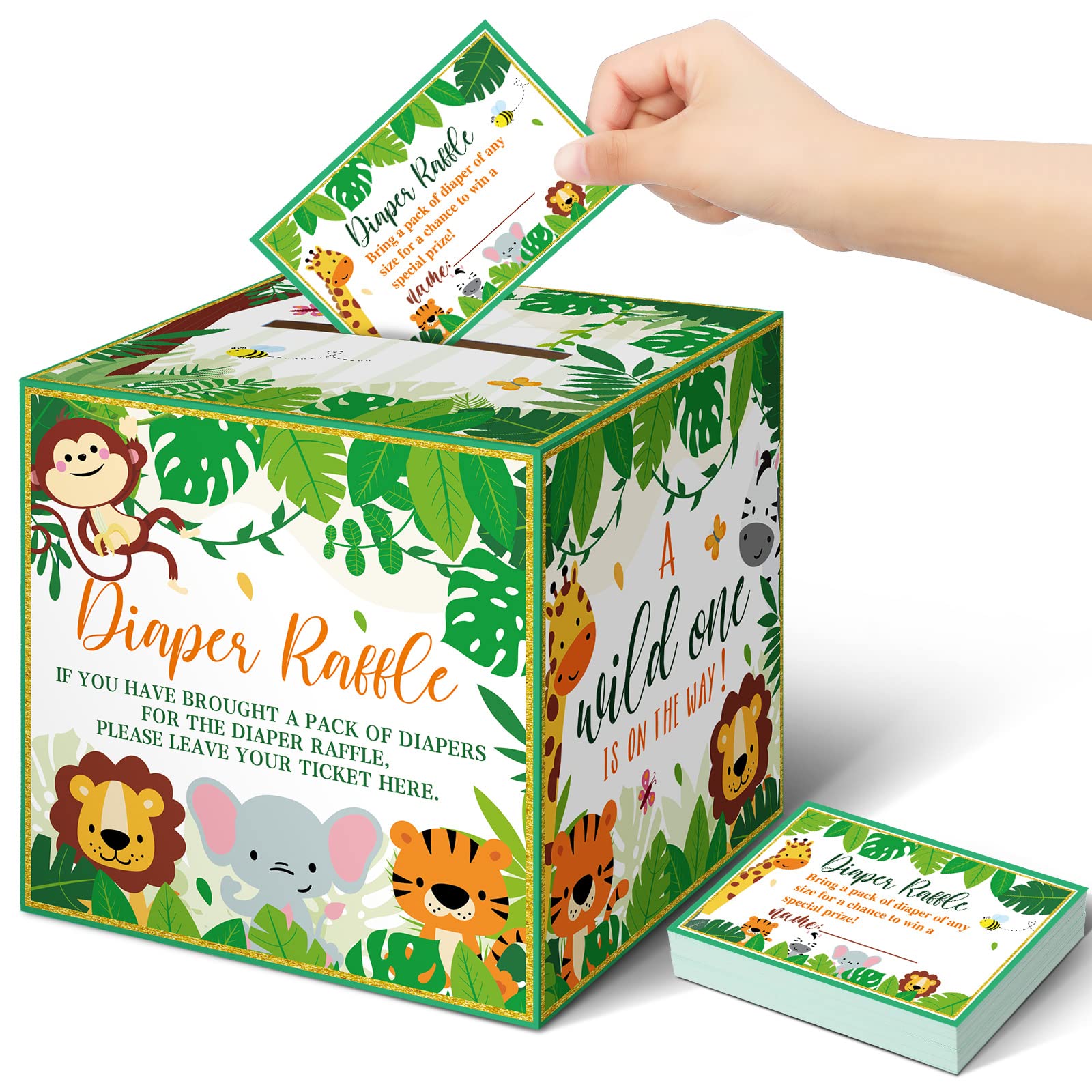 Teling 51 Pieces Diaper Raffle Tickets with Card Box,Jungle Animal