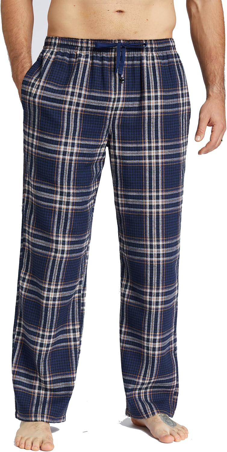 Mens Pajama Pants Flannel Cotton Plaid Sleep & Lounge Pants, PJ Bottoms with Pockets and Button Fly