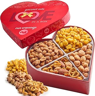 NUT CRAVINGS - Valentines Day Mixed Nuts Heart Shaped Gift Basket, Love in A Box (4 Assortments) Romantic Food Arrangement, Healthy Snack Care Package, Food Assortments