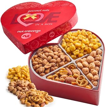 NUT CRAVINGS - Mixed Nuts Heart Shaped Gift Basket 4 Assortments | Love in A Box, Romantic Food Arrangement, Healthy Snack Care Package, Kosher Food Assortments