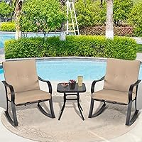 Vista 2 de Mecedoras para exteriores de 3 piezas, juego de muebles de bistró para patio, 2 sillas mecedoras de acero negro con cojín y mesa de centro de Marrón