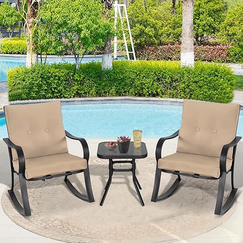 Miniatura 2 de Mecedoras para exteriores de 3 piezas, juego de muebles de bistró para patio, 2 sillas mecedoras de acero negro con cojín y mesa de centro de