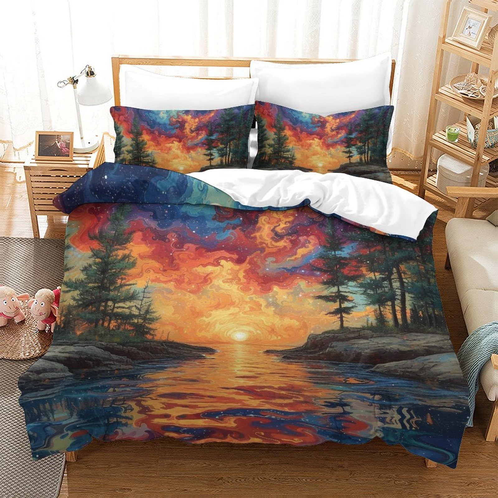 Housse de couette microfibre 3D paysage 3 pièces parure de lit double haut de gamme
