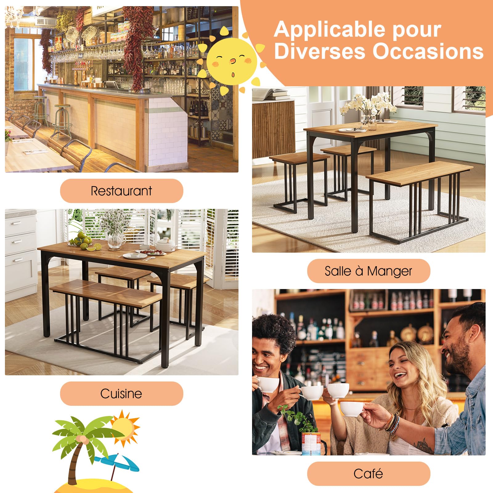COSTWAY Ensemble de Table à Manger 4 Pièces, Table avec Banc et 2 Tabourets pour 4 Personnes, Structure en Métal Antirouille, pour Cuisine, Restaurant, Bar (Naturel)