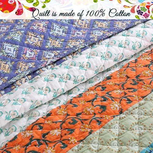 Vista 21 de Cozy Line Home Fashions Juego de ropa de cama reversible de 100% algodón, diseño de retazos rojos y flores a cuadros, colcha