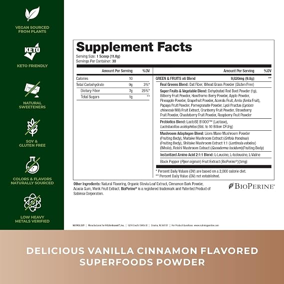 Nutrology TRIPACT Protein Powder, 7-in-1 Meal Replacement Shake, Vanilla Latte Cinnamon (40 Servings) & Greens & Fruits Powder-Naturally Sourced Superfood, Vanilla Cinnamon (30 Servings)