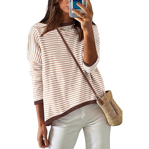 WIHOLL Womens Sweaters Dressy Casual Long Sleeve Tops Round Neck Striped Fashion