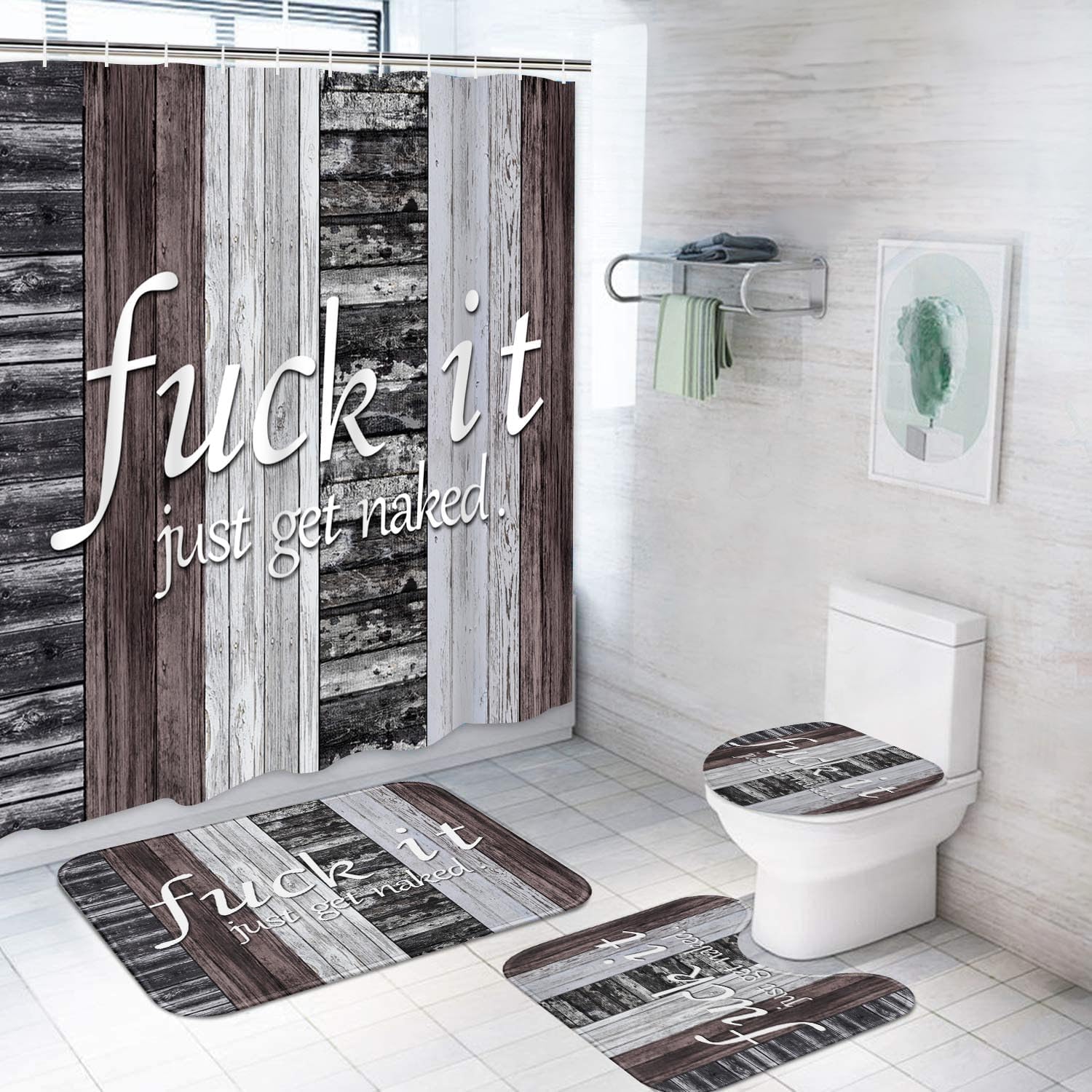 ArtSocket 4PC Funny Get Naked Grey Striped Vintage Abstract Shower Curtain Sets Bathroom Decor with Rugs, Non-Slip Rug,Toilet Lid Cover, Bath Mat and 12 Hooks 72x72 inches