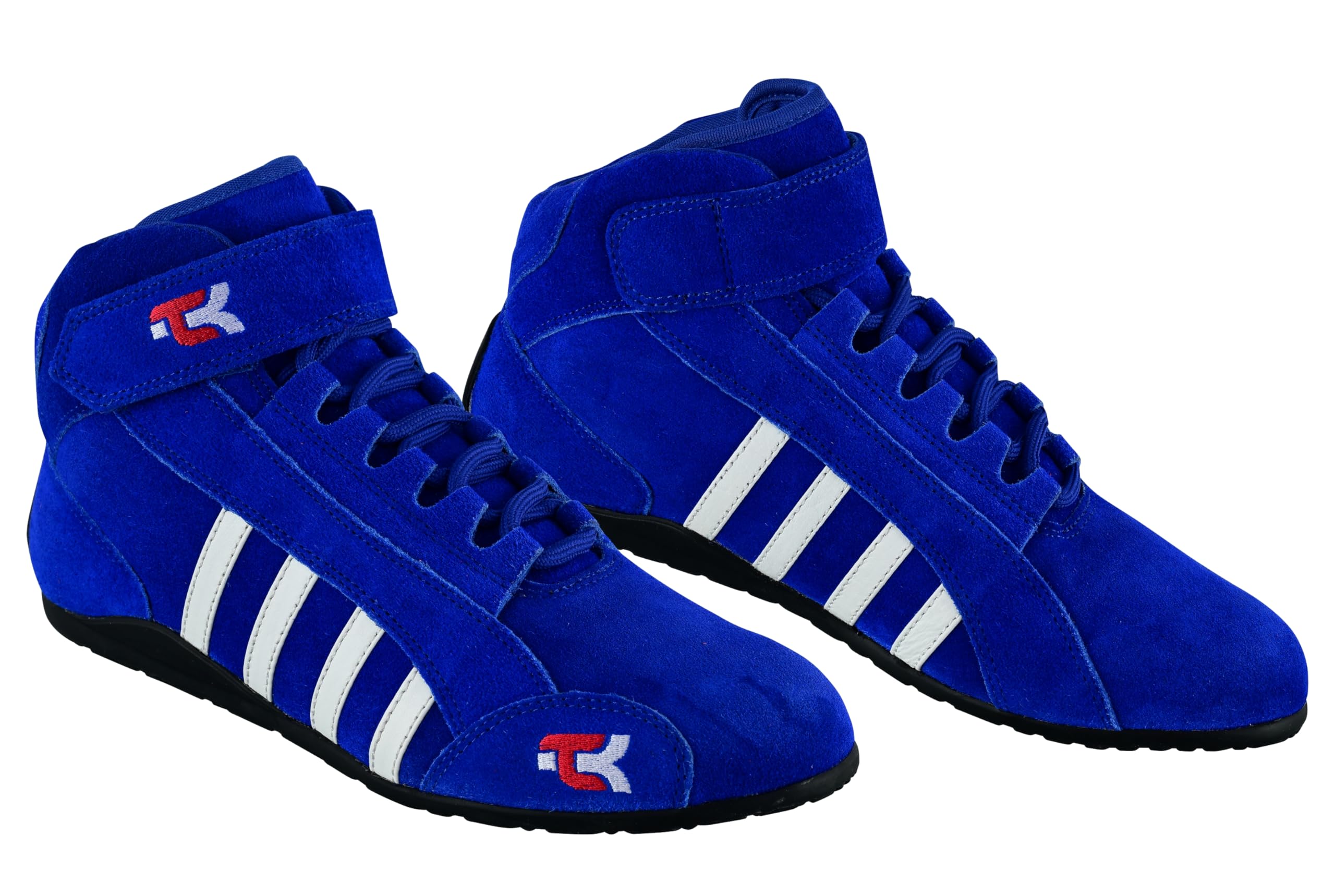 TK Bottes de karting pour enfants avec semelle haute adhérence, coupe moyenne avec sangle, chaussures de course Go Kart en cuir pur, noir, rouge, bleu