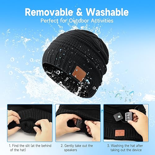 Miniatura 5 de Gorro Bluetooth con Bluetooth para hombres y mujeres, cálido y suave con micrófono integrado y auriculares con altavoz estéreo (negro), Negro -